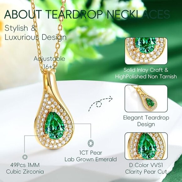 LEONIDS 14K Gold Necklace 1CT Pear Lab-Grown Emerald Teardrop NWT - Picture 4 of 7